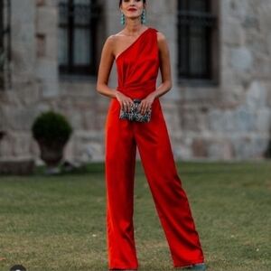 Zara Elegant Red One-Shoulder Jumpsuit